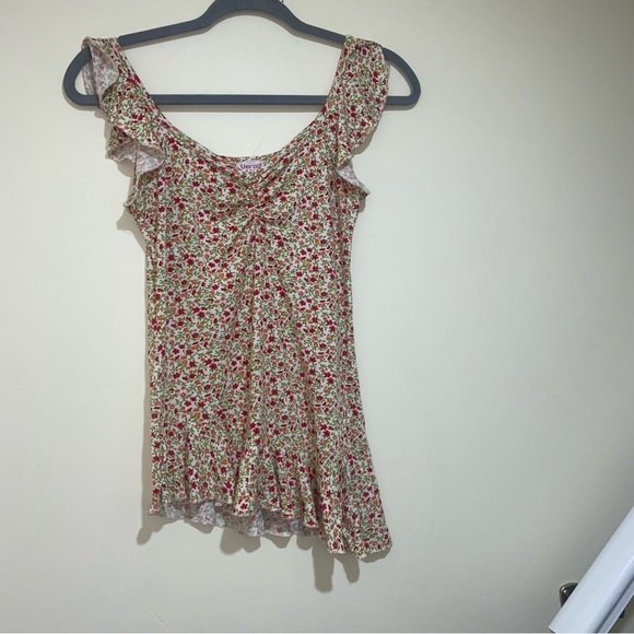 Womens  Y2K Party Girl Summer Floral V-Neck Diagonal Cut Flowy Sleeve stank Top - Picture 13 of 13